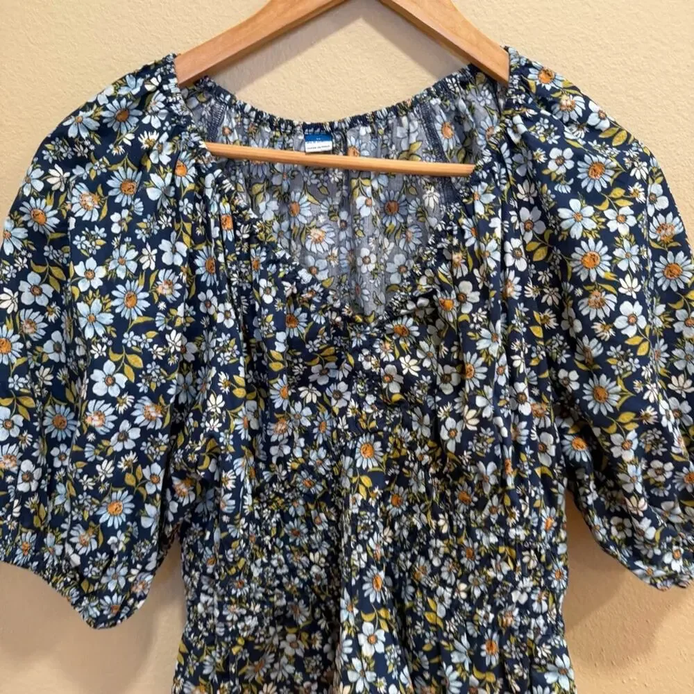 Old Navy Blue Cotton Floral Puff Sleeve Blouse Top Medium